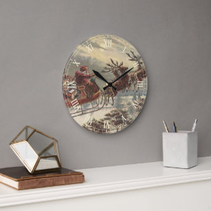 Grande Horloge Ronde Vintage veille de Noël victorien Père Noël traînea