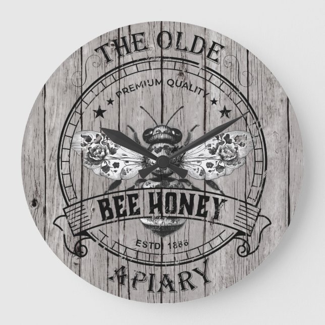 Grande Horloge Ronde Vintage Worn Wood Bee Wall Clock (Recto)