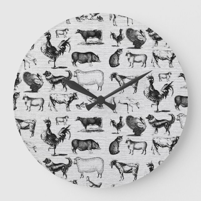 Grande Horloge Ronde Vintages animaux de ferme Collage rustique  (Recto)