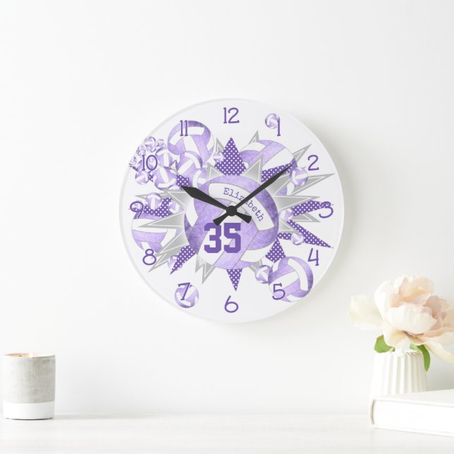Grande Horloge Ronde violet violet blanc violet girly et étoiles (Maison)