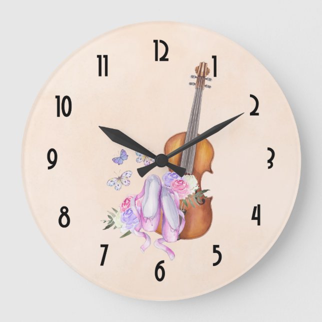 Grande Horloge Ronde Violon, Chaussures de Ballet, Fleurs et Papillons (Recto)