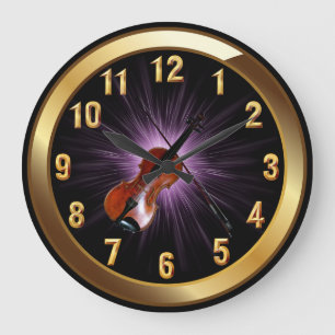 Grande Horloge Ronde Violon~Noir classique Gold & Purple Glow Arrière -
