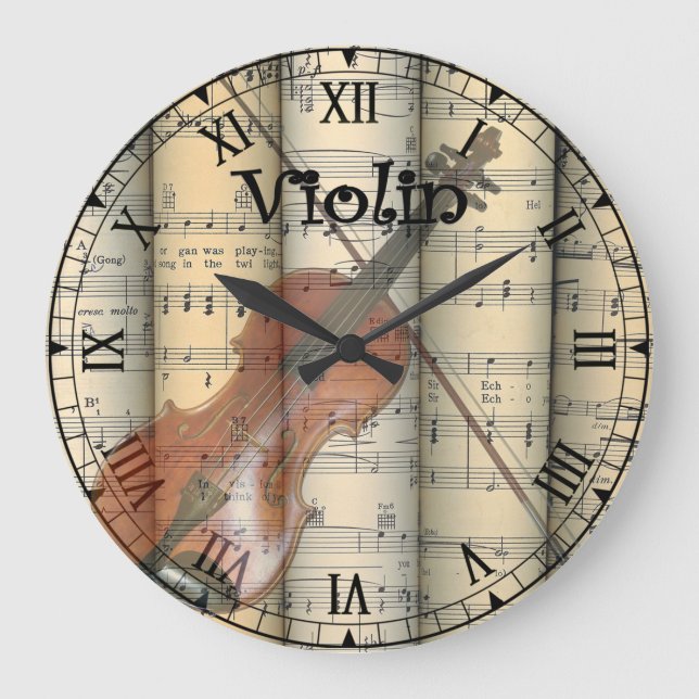 Grande Horloge Ronde Violon transparent ~ Musique Vintage laminée ~ Mus (Recto)