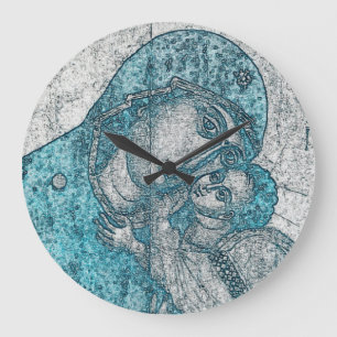 Grande Horloge Ronde Virgin Mary Baby Jesus Angel Portrait Vintage Blue