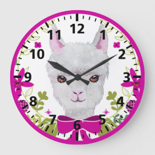 Grande Horloge Ronde Visage adorable de lama blanc Fuchsia rose vert