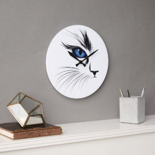Grande Horloge Ronde Visage de Chat Œil Bleu Amateur de Chat Moderne
