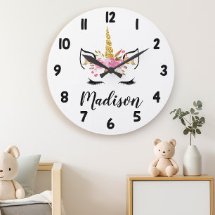 Grande Horloge Ronde Visage de Licorne Avec Cils Nom Personnalisé
