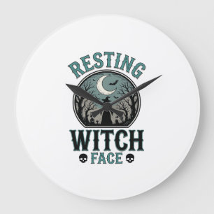 Grande Horloge Ronde Visage de sorcière au repos design Halloween vinta