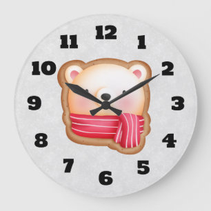 Grande Horloge Ronde Visage d'ours mignon Écharpe rouge et joues roses