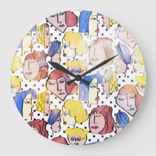Grande Horloge Ronde Visages de femme Abstraite, pois d'aquarelle.