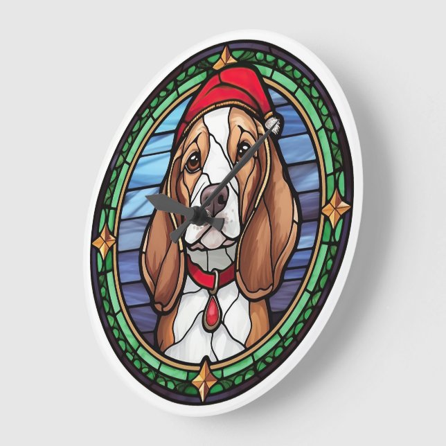 Grande Horloge Ronde Vitrail de Noël Beagle (Angle)
