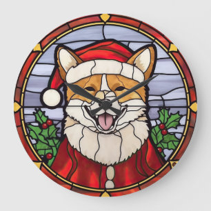 Grande Horloge Ronde Vitrail de Noël Shiba Inu