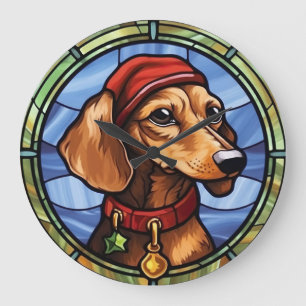 Grande Horloge Ronde Vitrail de Noël Teckel