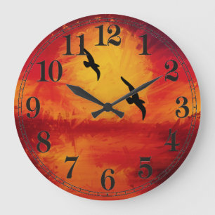 Grande Horloge Ronde Vivid Watercolor Sunset avec Birds Wall Clock
