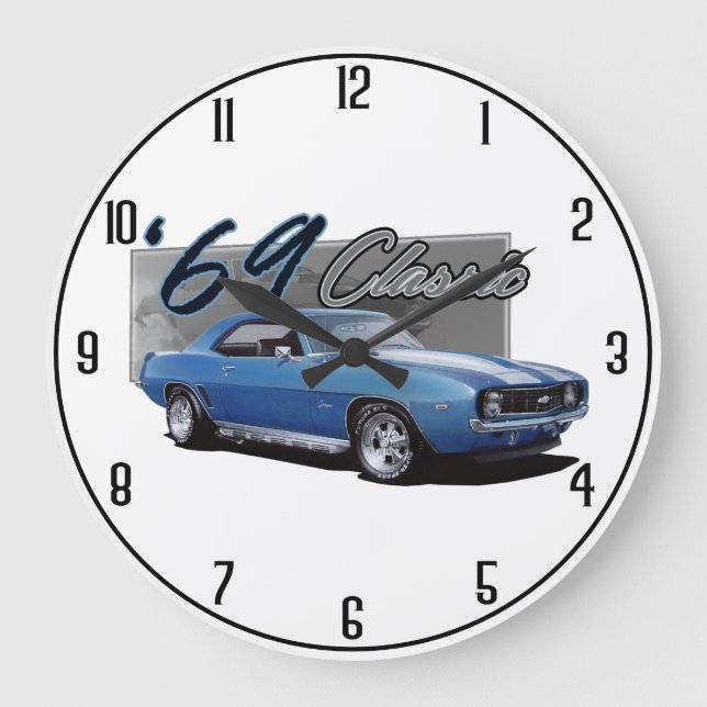 Grande Horloge Ronde Voiture classique de muscle des années 1960 bleues (Recto)