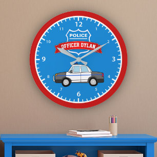 Grande Horloge Ronde Voiture de police cool personnalisée avec nom pour