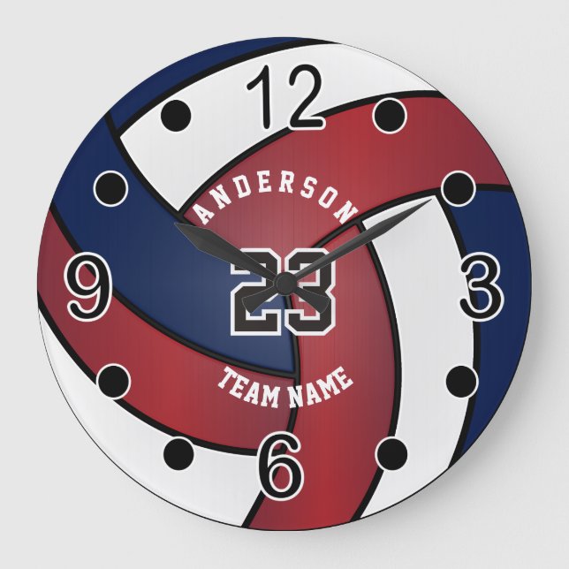 Grande Horloge Ronde Volley-ball rouge foncé, bleu et blanc (Recto)