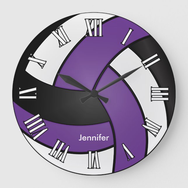 Grande Horloge Ronde Volleyball | Violet, noir et blanc (Recto)