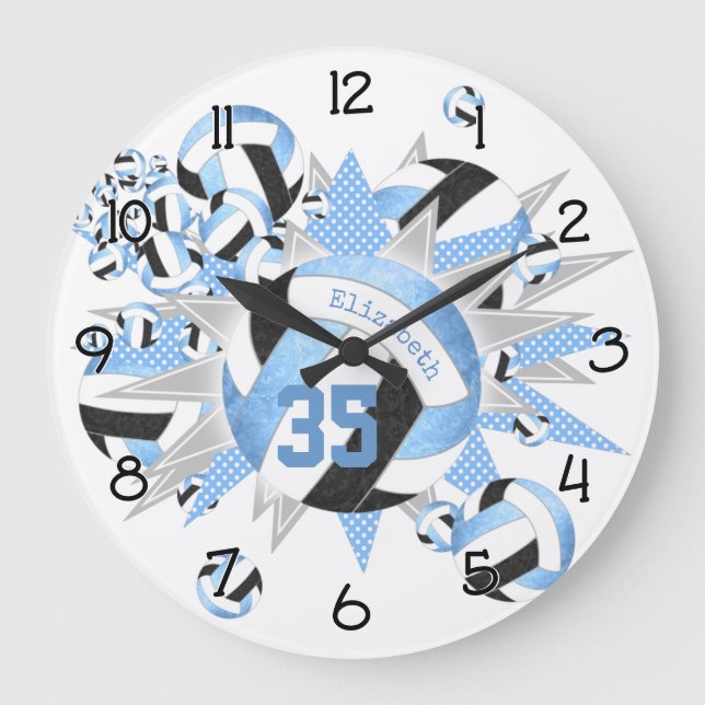 Grande Horloge Ronde volleyballs et étoiles noirs bleu clair (Recto)