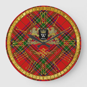 Grande Horloge Ronde Votre manteau d'armoiries Monogramme et Tartan