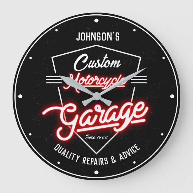 Grande Horloge Ronde Votre nom Motorcycle Garage Slogan Faux Red Neon (Recto)