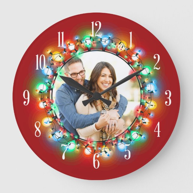 Grande Horloge Ronde Votre photo brille les ampoules de Noël (Recto)