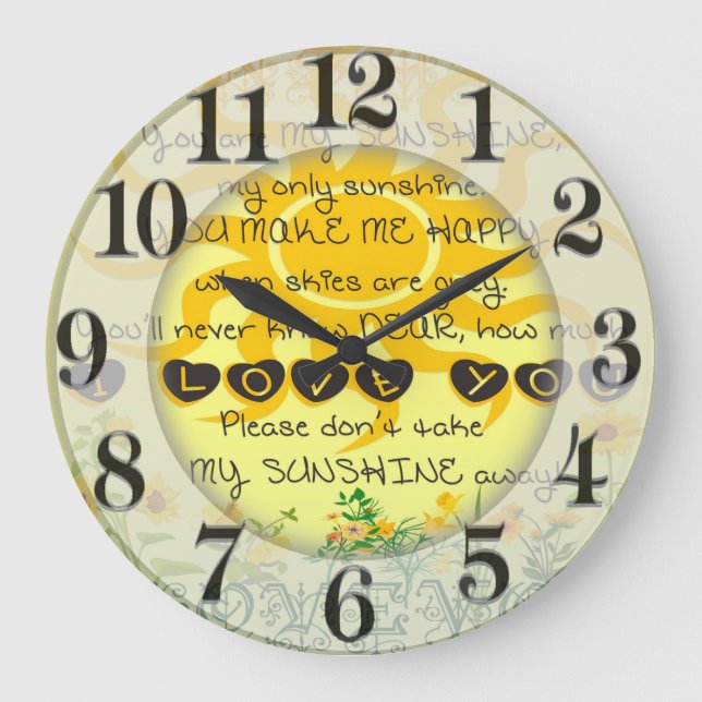 Grande Horloge Ronde Vous êtes My Sunshine avec Fleurs en Jaune (Recto)
