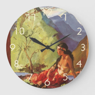 Grande Horloge Ronde Voyage d'antan, femme indigène du paysage néo-zéla