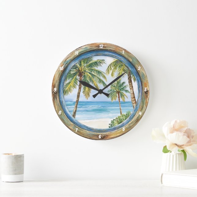 Grande Horloge Ronde Vue côtière" - Fenêtre nautique Scène de plage (Maison)