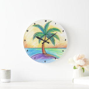 Grande Horloge Ronde Vue sur la plage de Palm Tree Tropical