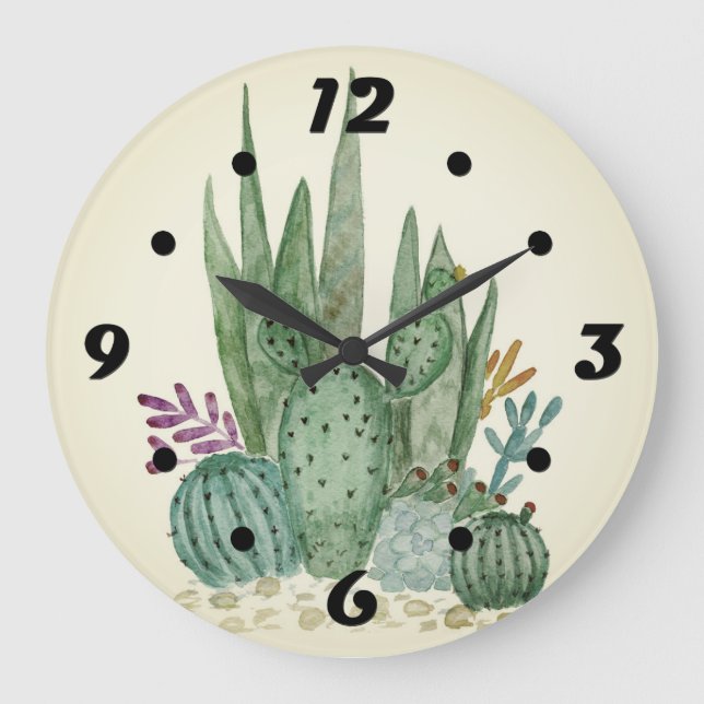 Grande Horloge Ronde Watercolor , cactus , succulents (Recto)
