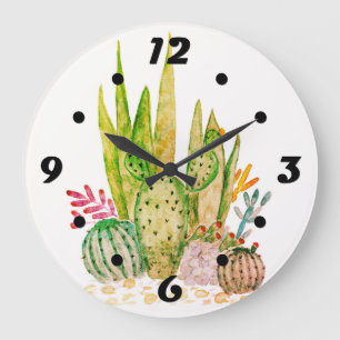 Grande Horloge Ronde Watercolor , cactus , succulents