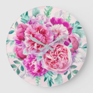 Grande Horloge Ronde Watercolor Lush Pink Peonies & Green Teal Leaves