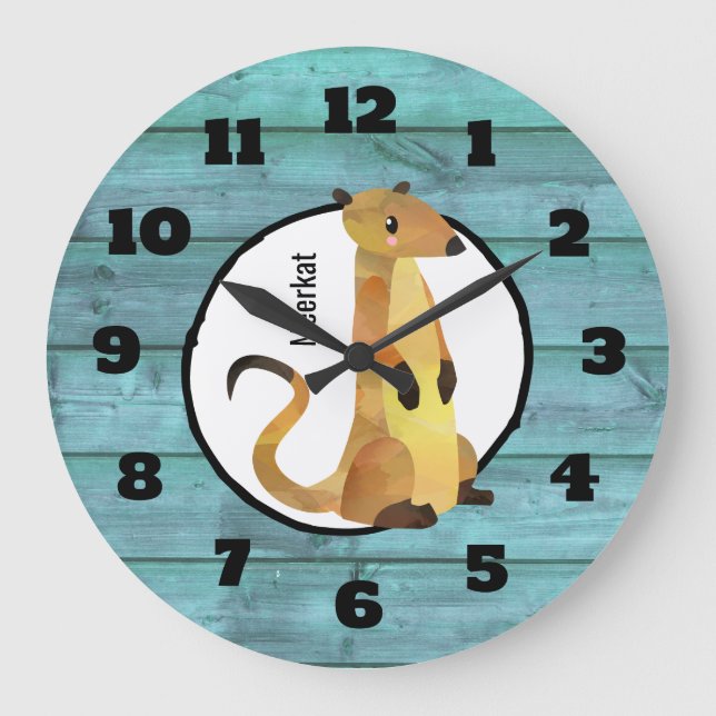 Grande Horloge Ronde Watercolor Meerkat on a Blue Wood Background (Recto)
