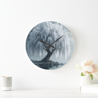 Grande Horloge Ronde Weeping willow by a pond, black and white