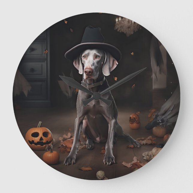 Grande Horloge Ronde Weimaraner Citrouilles Halloween effrayant (Recto)