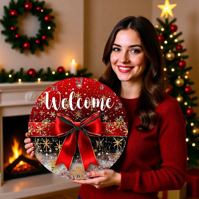 Grande Horloge Ronde Welcome Red Bow Snowflake (Créateur téléchargé)