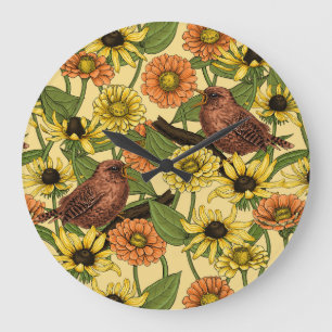 Grande Horloge Ronde Wens et fleurs sur jaune pâle