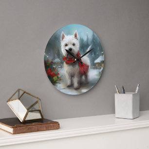 Grande Horloge Ronde West Highland White Terrier Dog dans la neige Noël
