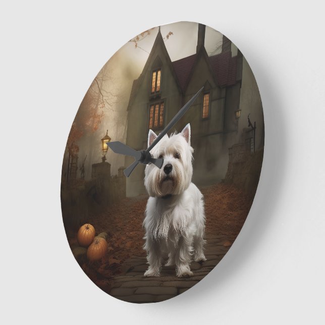Grande Horloge Ronde West Highland White Terrier Halloween effrayant (Angle)