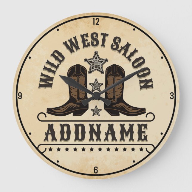 Grande Horloge Ronde Western Cowboy Boots AJOUTER LE NOM Sheriff Spurs  (Recto)