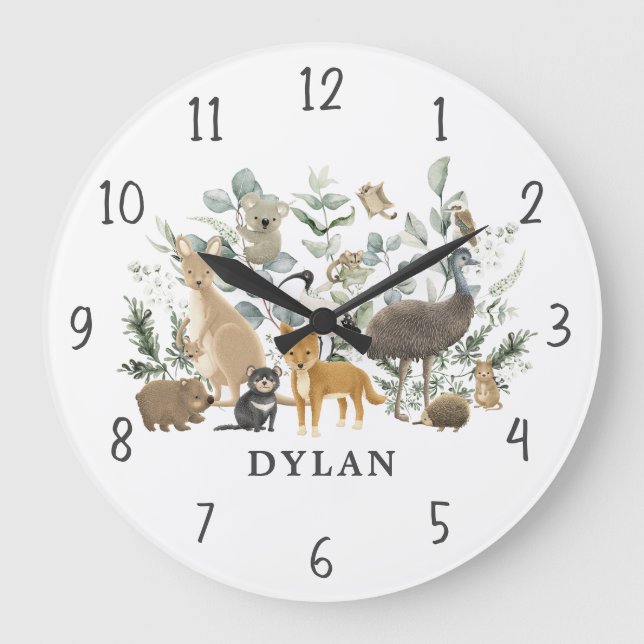 Grande Horloge Ronde Whimsical Australian Animals Green Boy Nursery (Recto)