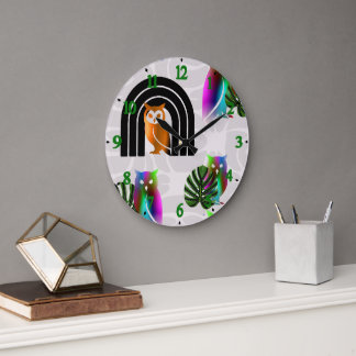 Grande Horloge Ronde Whimsical Boho Owl & Tropical Monstera Leaf