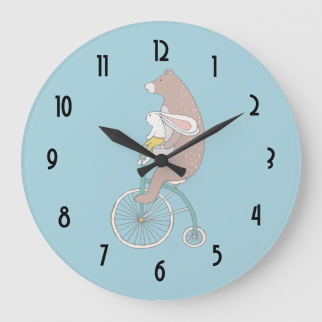 Grande Horloge Ronde Whimsical Bunny and Bear Riding a Bike (Recto)