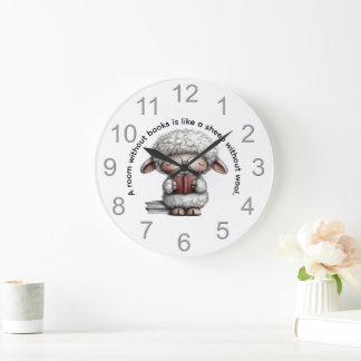 Grande Horloge Ronde Whimsical Cute Sheep Reading a Book