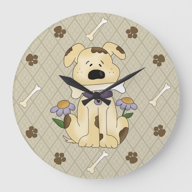 Grande Horloge Ronde Whimsical dog with Bone Wall Clock (Recto)