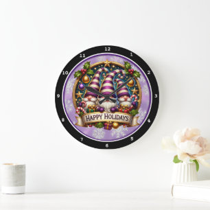 Grande Horloge Ronde Whimsical Gnomes" - Mur de Noël Festif