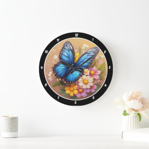 Grande Horloge Ronde Whisper de printemps" - Floral aux papillons bleus