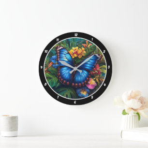 Grande Horloge Ronde Whisper tropical" - Papillon bleu
