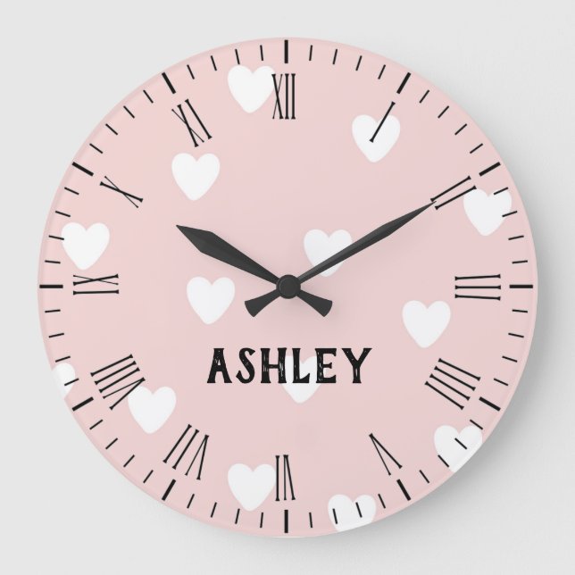 Grande Horloge Ronde White Hearts on Pink Personalized Wall Clock (Recto)